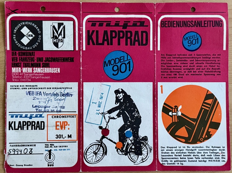 Bedienungsanleitung Mifa Klapprad Modell 901 von 1974 Original Bedienungsanleitung und Kaufbeleg für das Mifa Klapprad Modell 901 von 1974