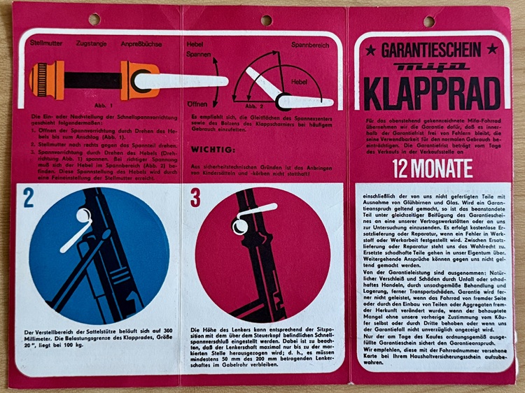 Garantieschein Mifa Klapprad Modell 901 von 1974 Garantieschein und technische Zeichnungen des Mifa Klapprad Modell 901 von 1974