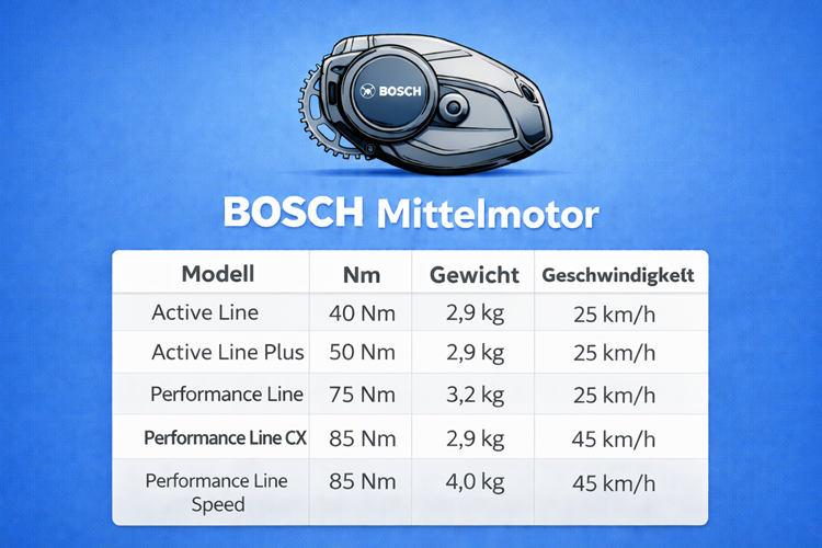 Übersicht der Bosch Mittelmotoren Active Line, Active Line Plus, Performance Line, Performance Line CX und Performance Line Speed mit Drehmoment, Gewicht und Geschwindigkeit