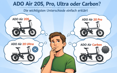 Illustration zum Vergleich der ADO Air Modelle 20S, Pro, Ultra und Carbon mit Person und Denkblasen